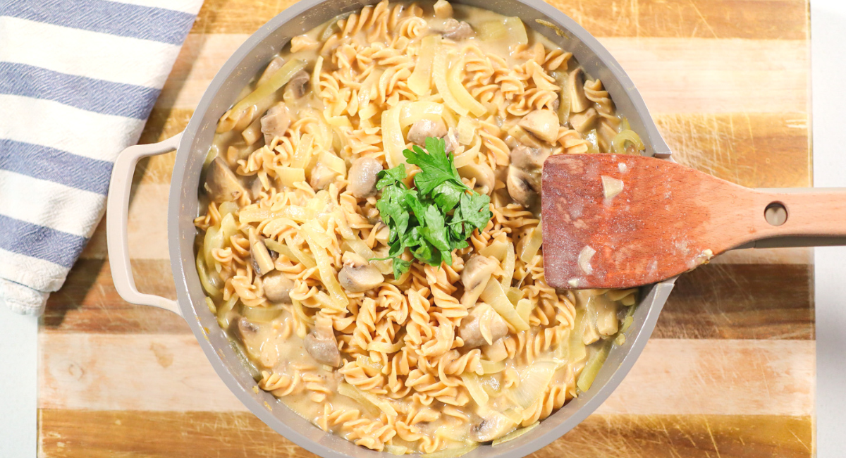 Mushroom pasta in a large saucepan.