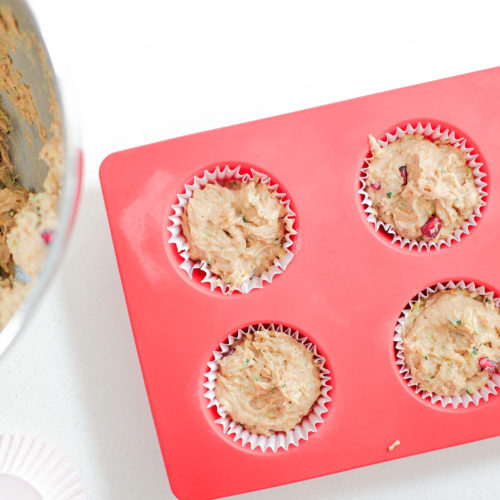 Bowl of muffin batter with silicone muffin mold