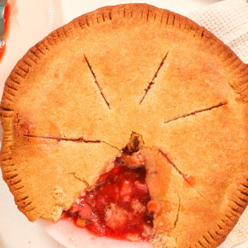 Strawberry Rhubarb Pie on a table