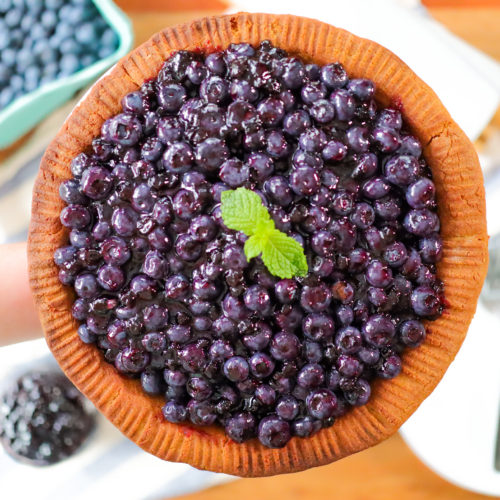 hand holding a blueberry pie