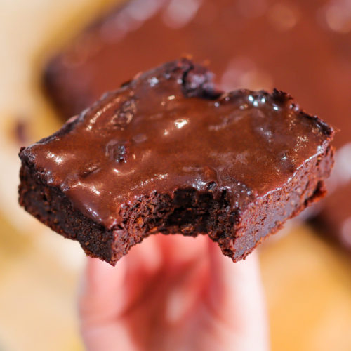 Hand holding a brownie with a bite taken out of it