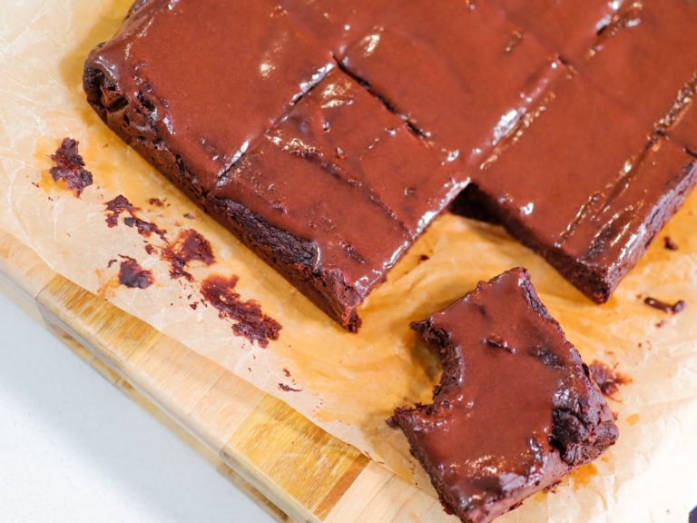 Sliced brownies on a cutting board