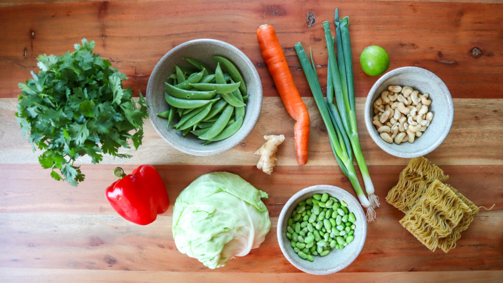 Display of ingredients to make crunchy cashew noodle salad