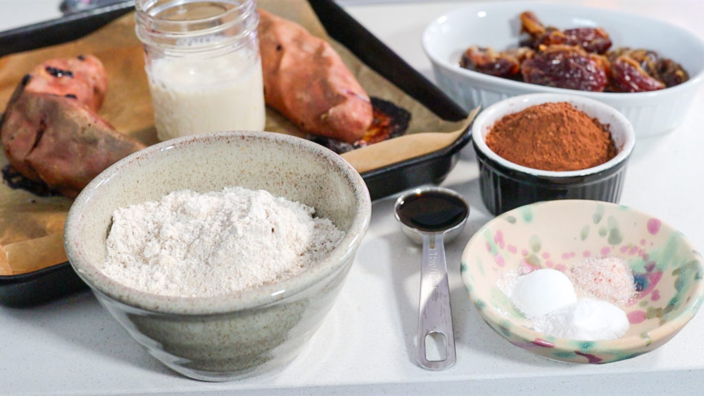 displaying ingredients for sweet potato brownies