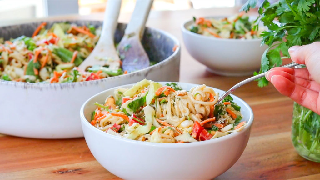 Bowl of crunchy cashew noodle salad.