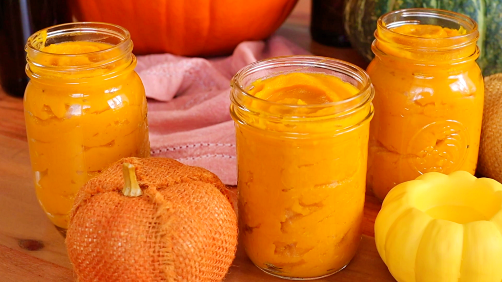 3 glass jars of homemade pumpkin purée